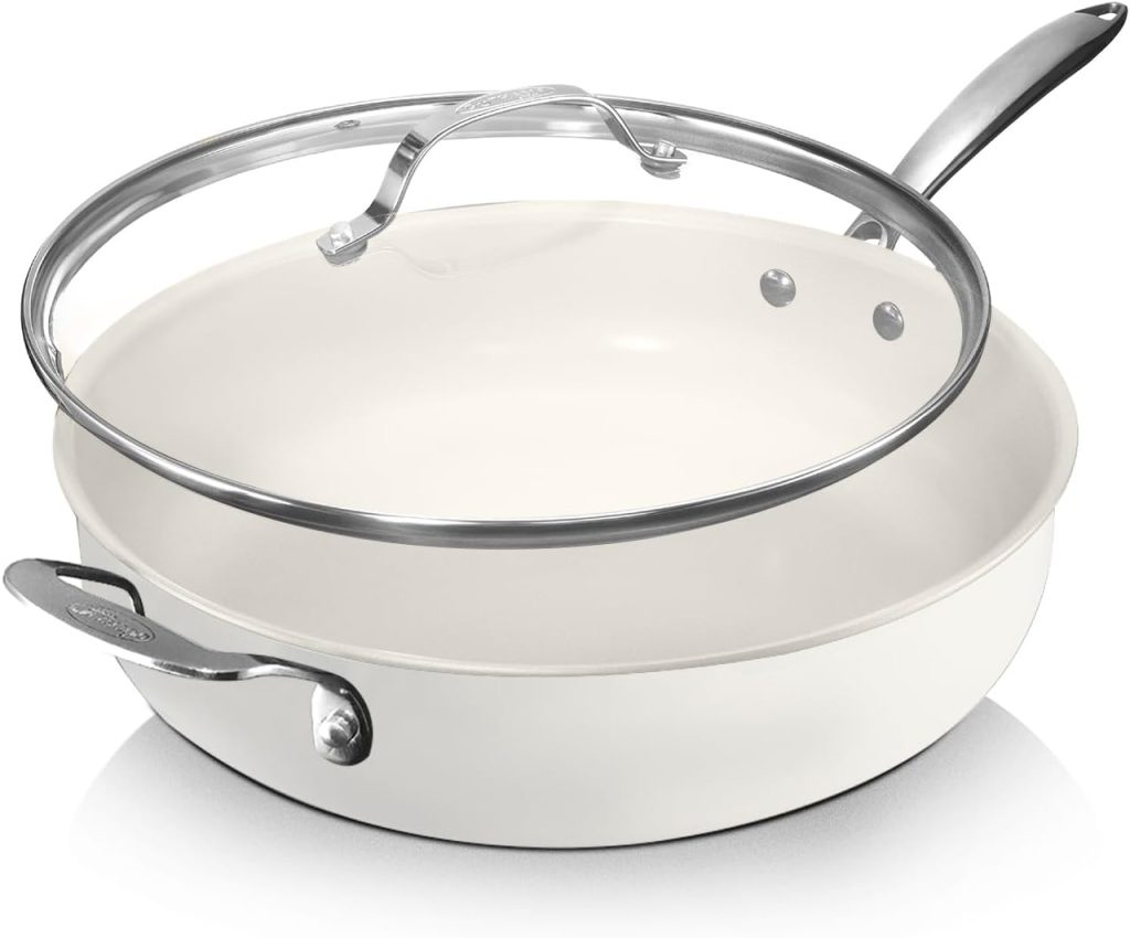 GOTHAM STEEL 5.5 Qt Saute Pan with Lid - Non Stick, Oven Safe, Dishwasher Safe, Scratch Resistant, Cream White