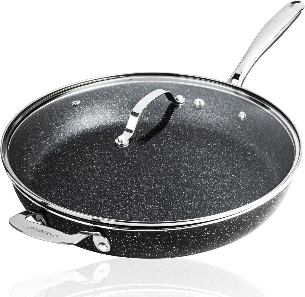 Granitestone 14 Inch Frying Pan with Lid, Large Non Stick Skillet for Cooking, Nonstick, Ultra Durable Mineral and Diamond Coating, Family Sized Open Skillet, Oven/Dishwasher Safe, Black