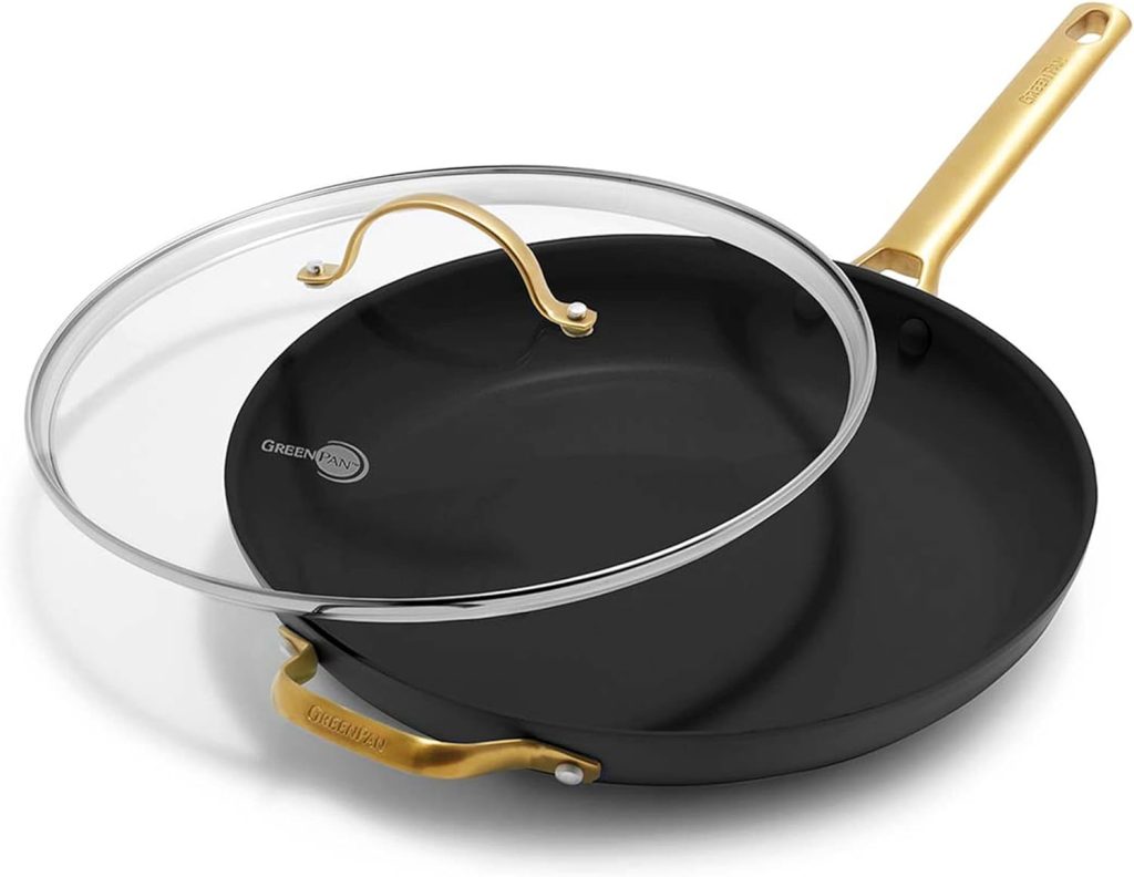 GreenPan Reserve Hard Anodized Healthy Ceramic Nonstick 12 Frying Pan Skillet with Helper Handle and Lid, Gold Handle, PFAS-Free, Dishwasher Safe, Oven Safe, Black