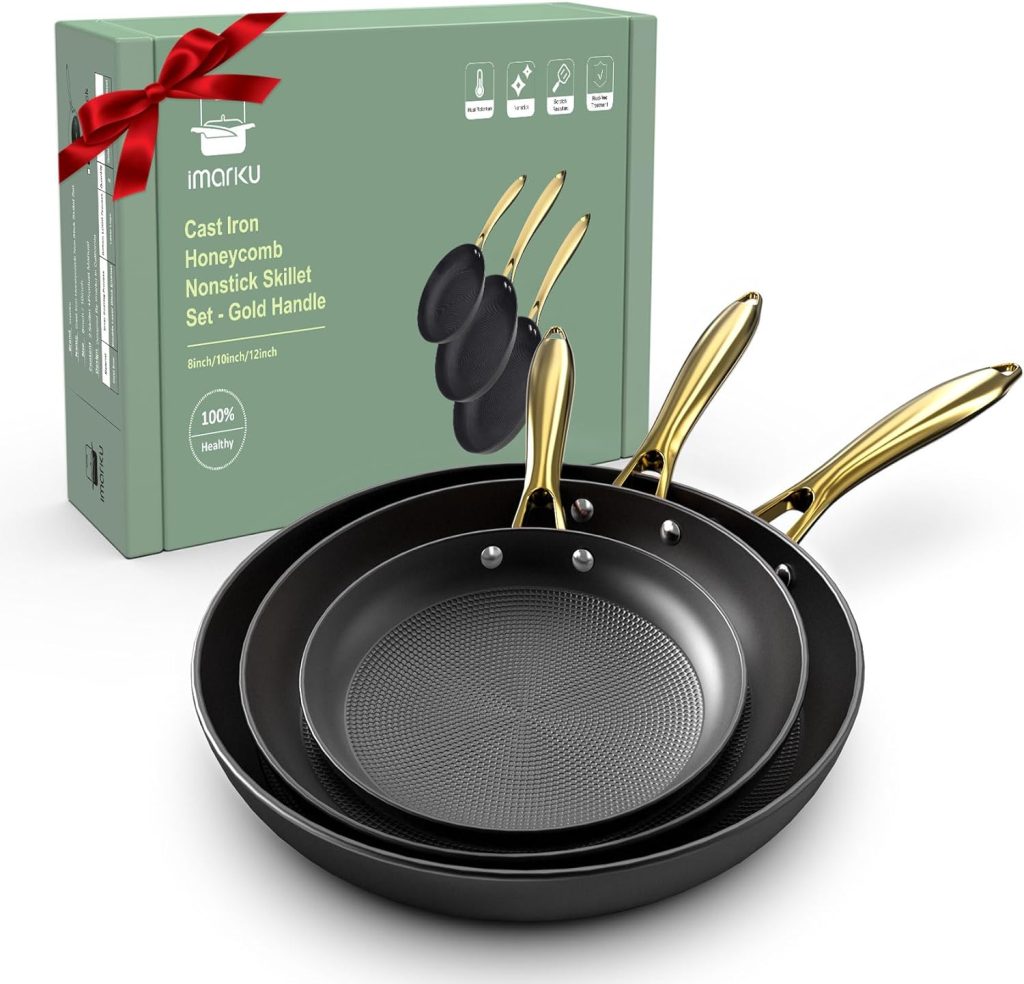 imarku Non Stick Frying Pans, Nonstick Cast Iron Skillets 3 Pcs - 8 Inch, 10 Inch and 12 Inch Nonstick Frying Pan Set, Professional Frying Pans Set, Nonstick Pan with Stay Cool Handle, Best Gifts