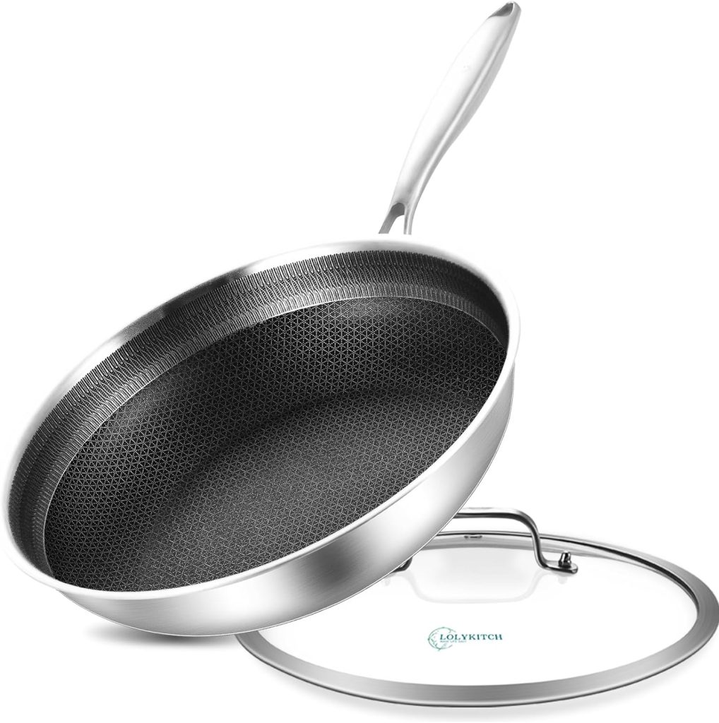 LOLYKITCH 12 Inch Hybird Stainless Steel Non-stick Deep Frying Pan with Lid,Saute Pan,Skillet,Induction Cookware,Oven and Dishwasher Safe,3.8 QT Removale Handle。