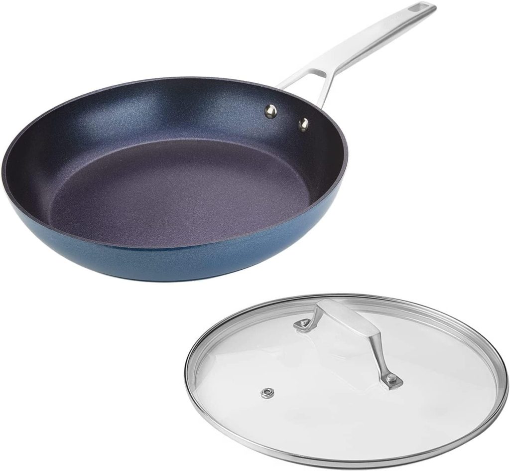 MsMk Non stick frying pan set with lid Blue, 12-inch Durable skillet, Titanium and Diamond Non Stick Non-Toxic Coating From USA, Even Heating, Easy Clean-Up, Comfort Handle, Induction Compatibility