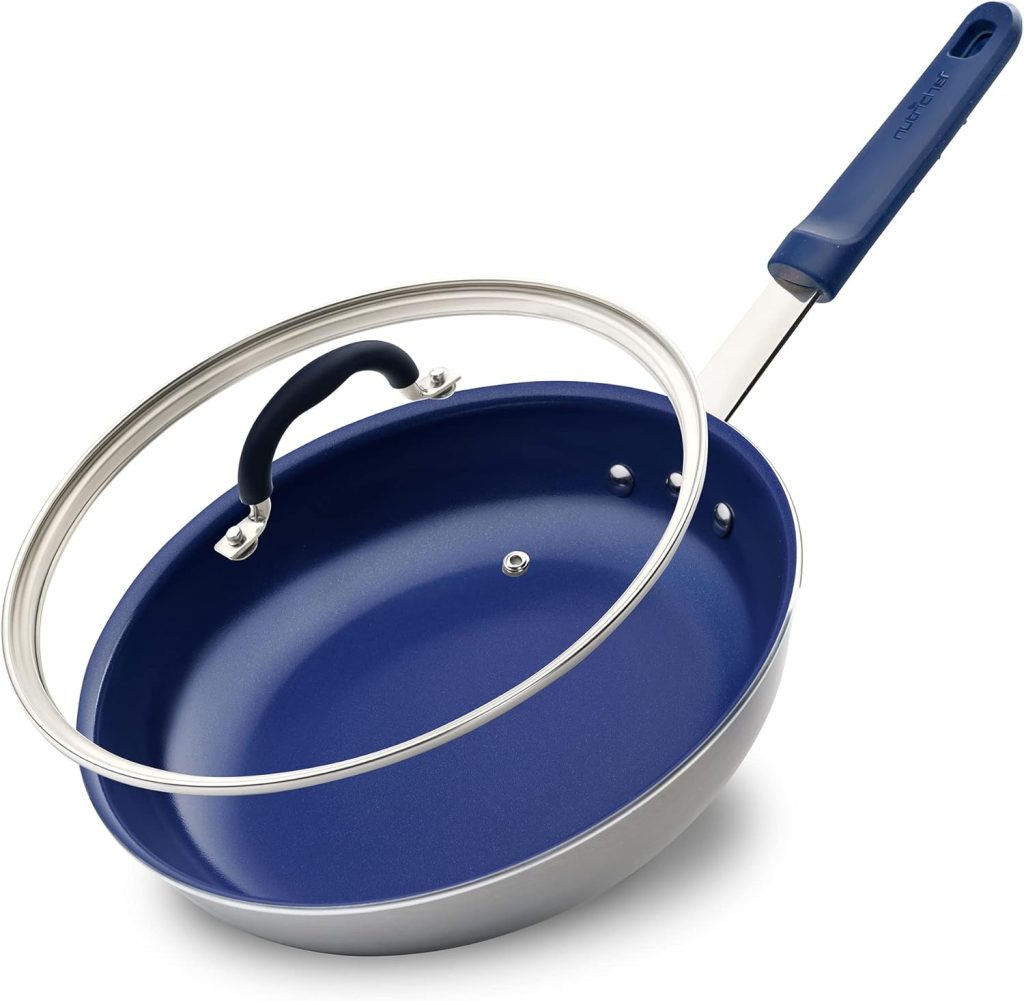 NutriChef 12 Fry Pan With Lid - Large Skillet Nonstick Frying Pan with Silicone Handle, Ceramic Coating, Blue Silicone Handle, Stain-Resistant, Easy To Clean, Professional Home Cookware