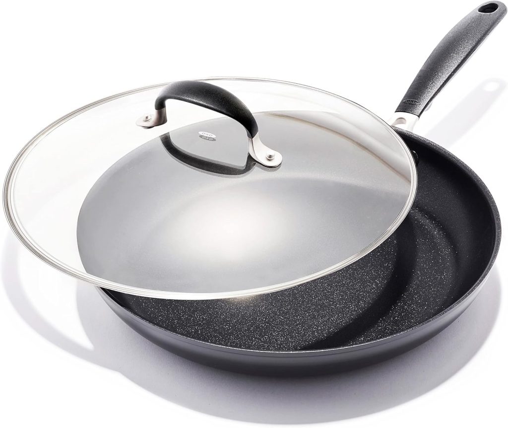 OXO Good Grips 12 Frying Pan Skillet with Lid, 3-Layered German Engineered Nonstick Coating, Stainless Steel Handle with Nonslip Silicone, Black