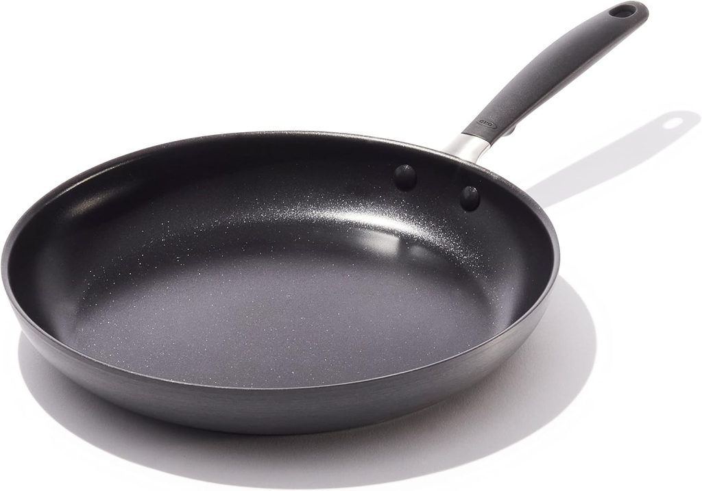 OXO Good Grips 12 Frying Pan Skillet with Lid, 3-Layered German Engineered Nonstick Coating, Stainless Steel Handle with Nonslip Silicone, Black