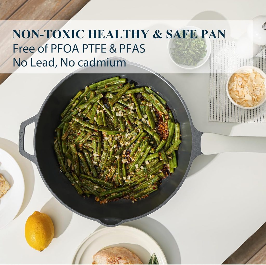 PRICUSIS Nonstick Ceramic Sauté Pan with Lid (4.8 qt, 12 inch), Toxin-Free Deep Frying Pan, Versatile Non Stick Frying Pan, Skillet, PTFE, PFOA  PFAS Free, Compatible with All Stovetops.