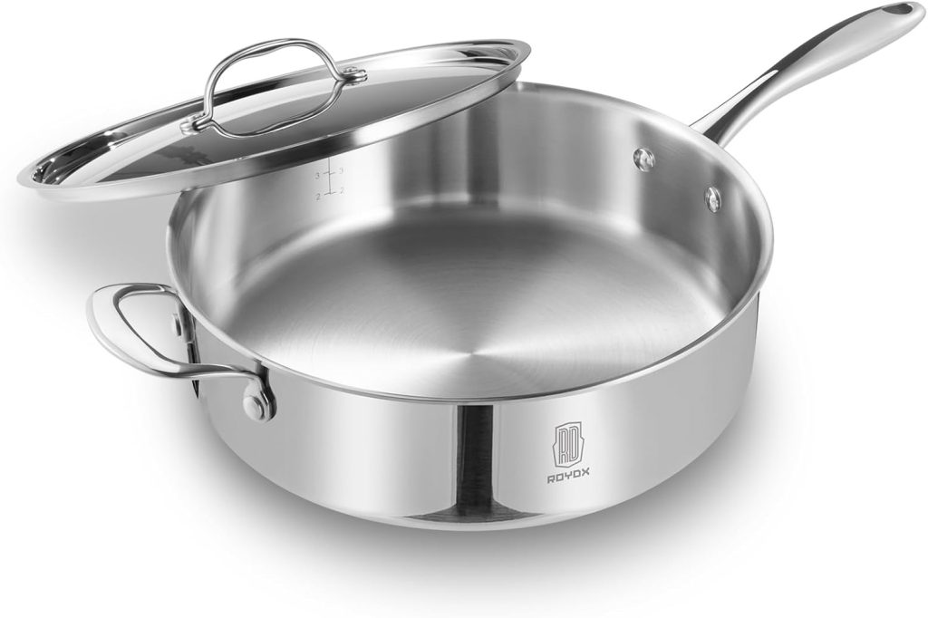 ROYDX 12 Inch Stainless Steel Skillet with Lid 5qt Deep Frying Pan,Tri-ply Whole Clad Non-toxic Large Skillet,Stay Cool Handle,Jumbo Cooker,Induction Pan,Dishwasher Oven Safe