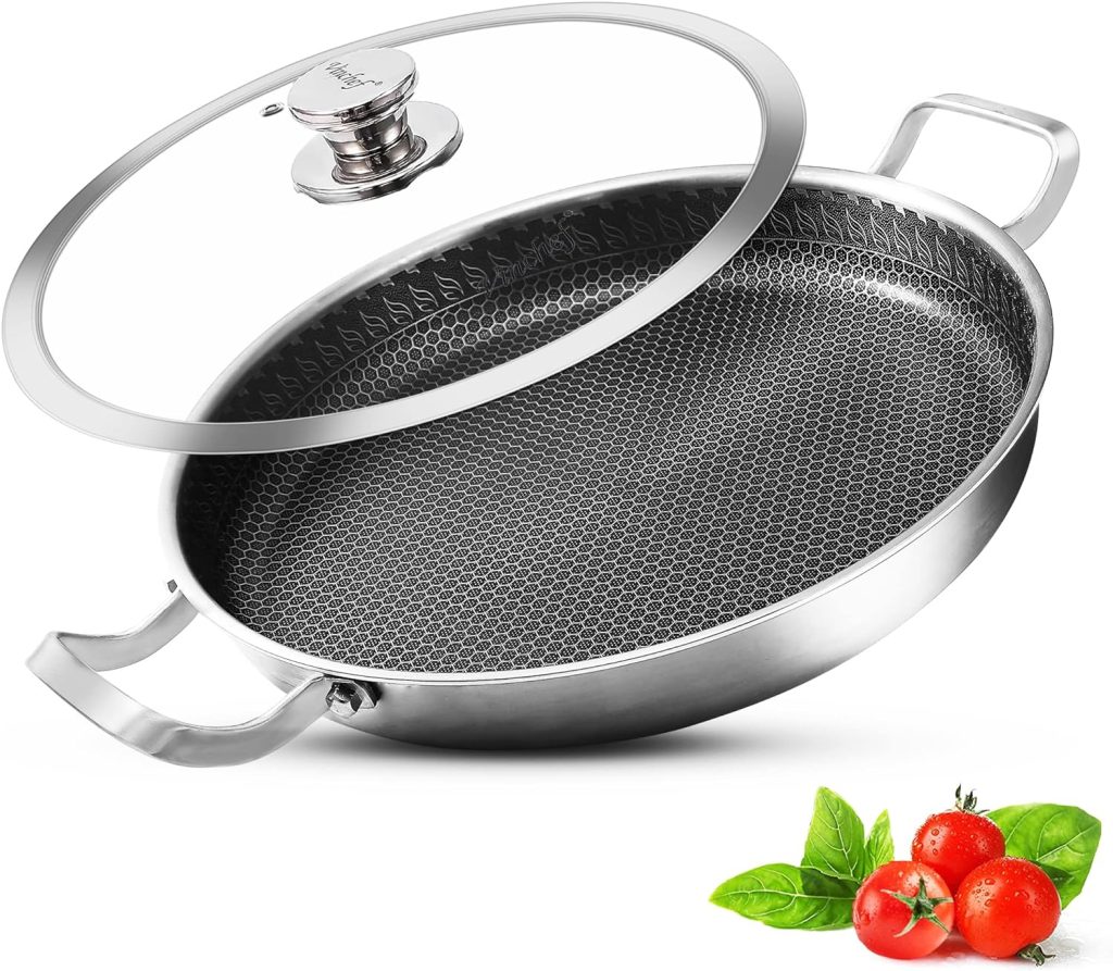 Vinchef Nonstick Skillet with Lid 13 Inch Stainless Steel Pan, PFOA Free, Dishwasher and Oven Safe Cookware, Cooking Pan for Induction Compatible