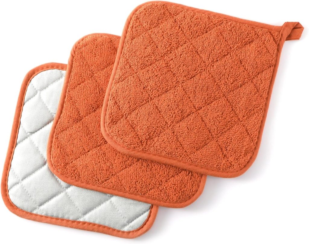 100% Cotton Basic Terry Collection Quilted，Pot Holder for Cooking and Baking，3 Piece. (Orange)