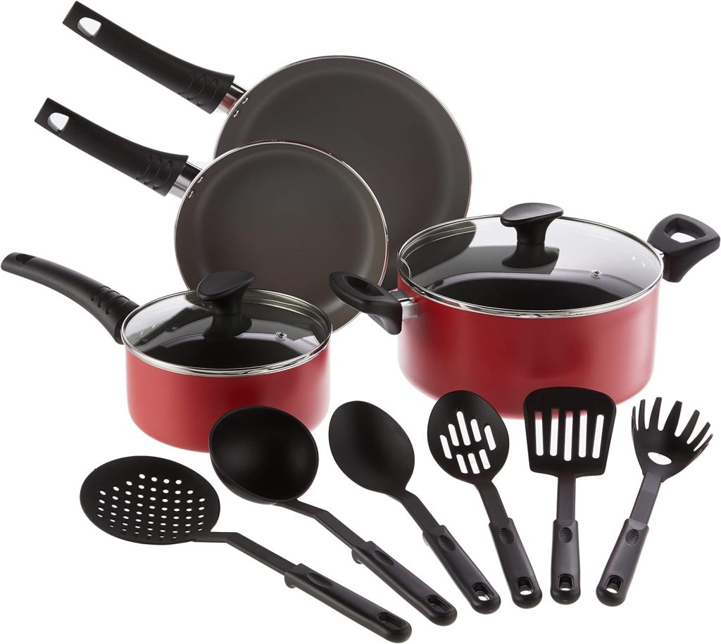 BELLA Cookware Set, 12 Piece Pots and Pans with Utensils, Nonstick Scratch Resistant Cooking Surface Compatible with All Stoves, Nylon and Aluminum, Red