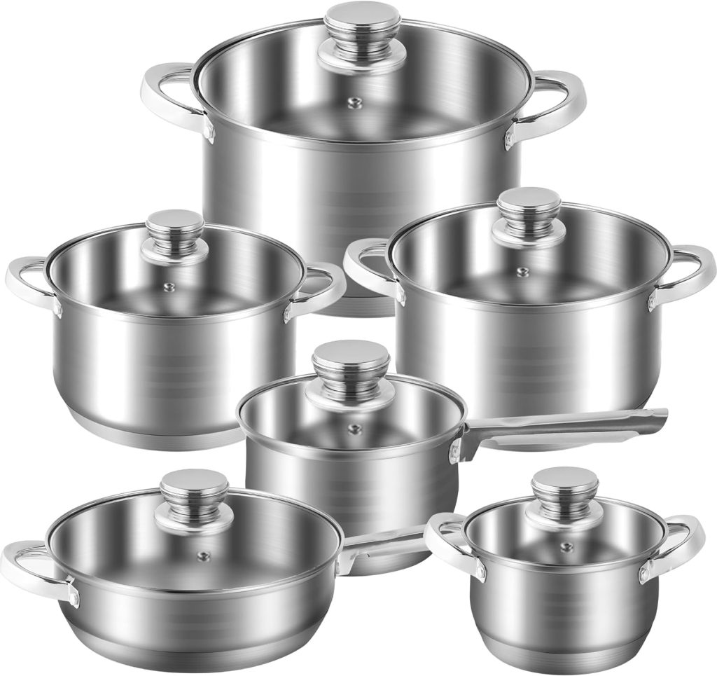 Caannasweis Stainless Steel Nonstick Cookware Sets, 12-Piece Basic Stainless Steel Pots and Pans, Silver