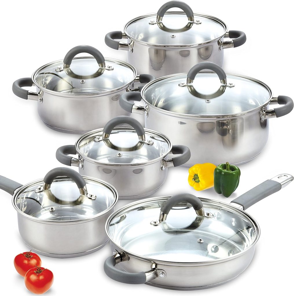 Cook N Home Stainless Cookware Sets Basic Pots and Pans, 12-Piece, Stainless Steel Grey Silicone Handle
