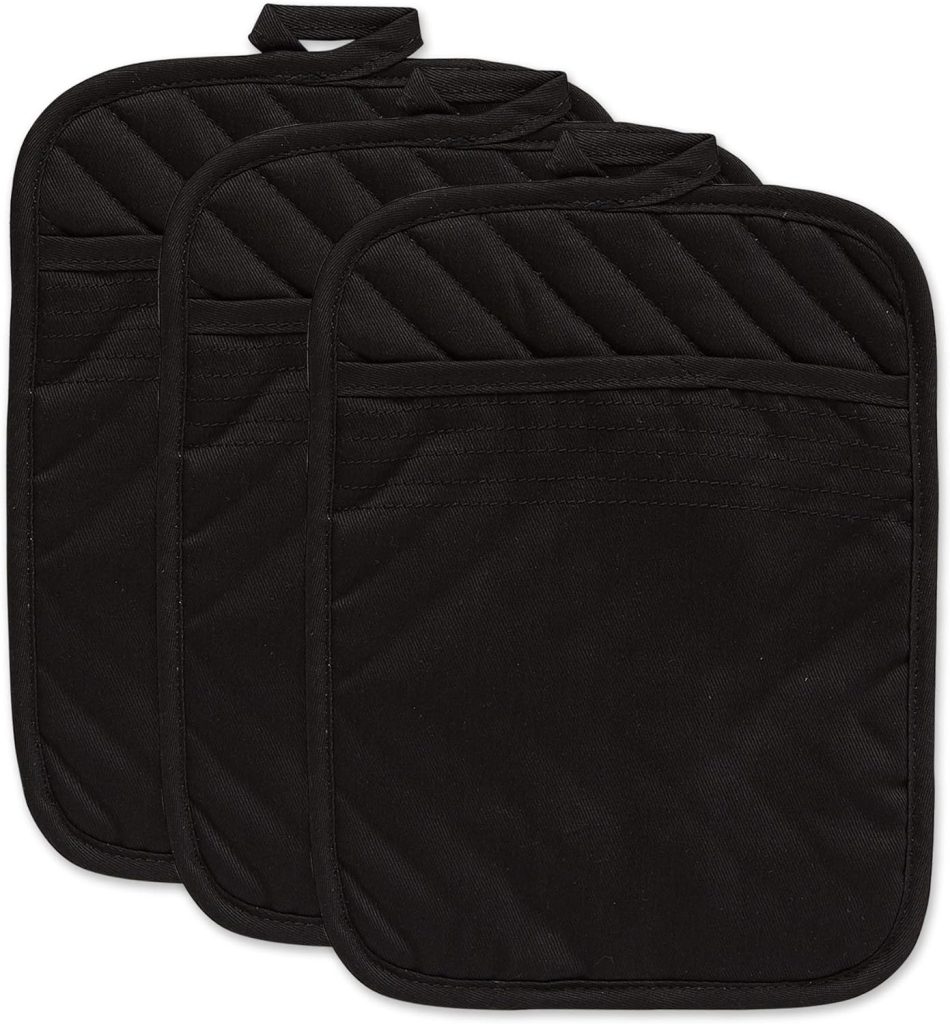 DII Heat Resistant Quilted Cotton Pot Holder Set, Designed with Space to Personalize Allowing a Customized Design, 7x9, Black, 3 Count