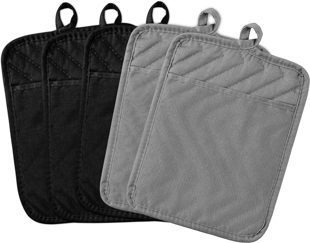 GROBRO7 5Pack Pot Holders for Kitchen Heat Resistant Cotton Potholder Multipurpose Hot Pad Machine Washable Oven Mitts with Pocket Potholders for Baking and Cooking 8.9 x 6.9 in Gray Black
