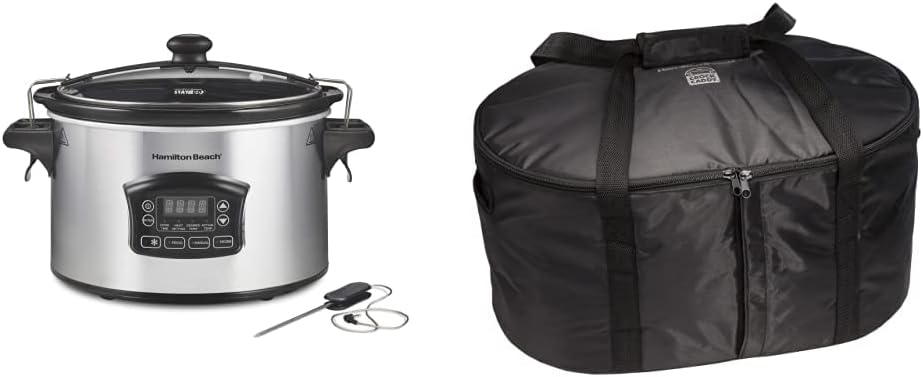 Hamilton Beach 33869 Portable 6-Quart Set  Forget Digital Programmable Slow Cooker, Silver  Travel Case  Carrier Insulated Bag for 4, 5, 6, 7  8 Quart Slow Cookers (33002),Black