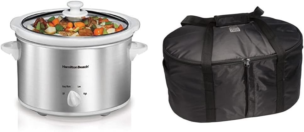 Hamilton Beach 4-Quart Slow Cooker with Dishwasher-Safe Stoneware Crock  Lid, Stainless Steel (33140V)  Travel Case  Carrier Insulated Bag for 4, 5, 6, 7  8 Quart Slow Cookers (33002),Black