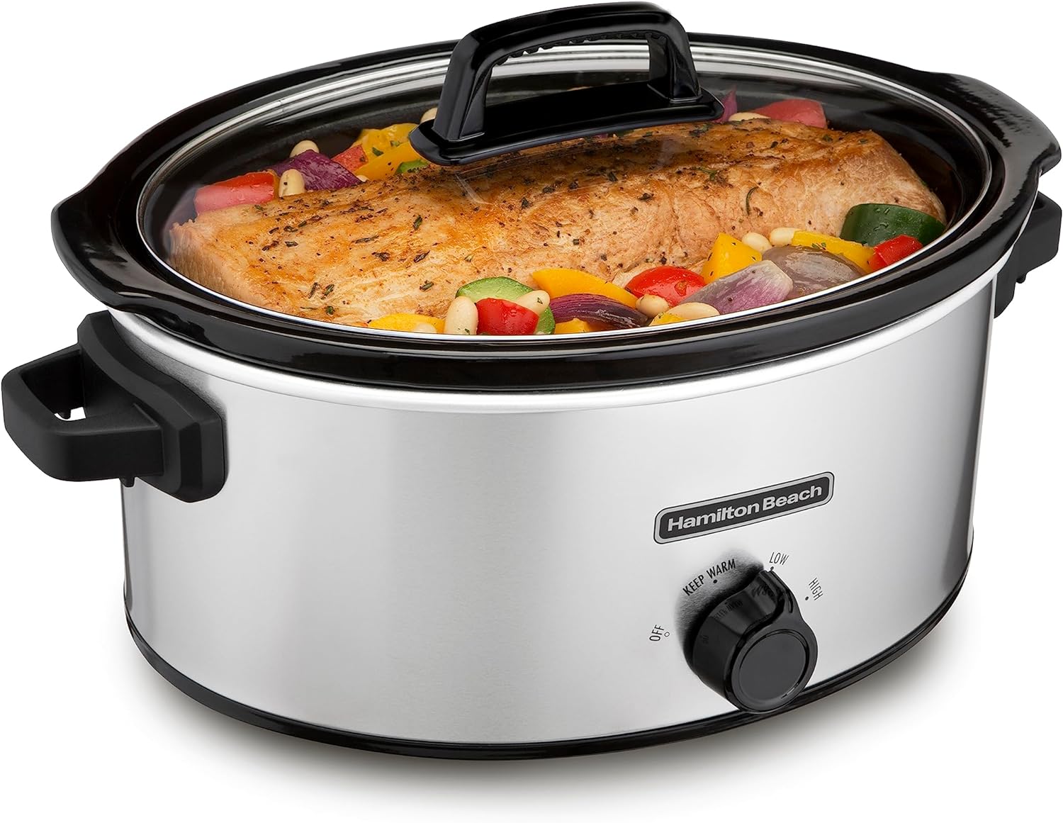 Hamilton Beach 6-Quart Slow Cooker with 3 Cooking Settings, Dishwasher-Safe Stoneware Crock  Glass Lid, Silver (33665G)