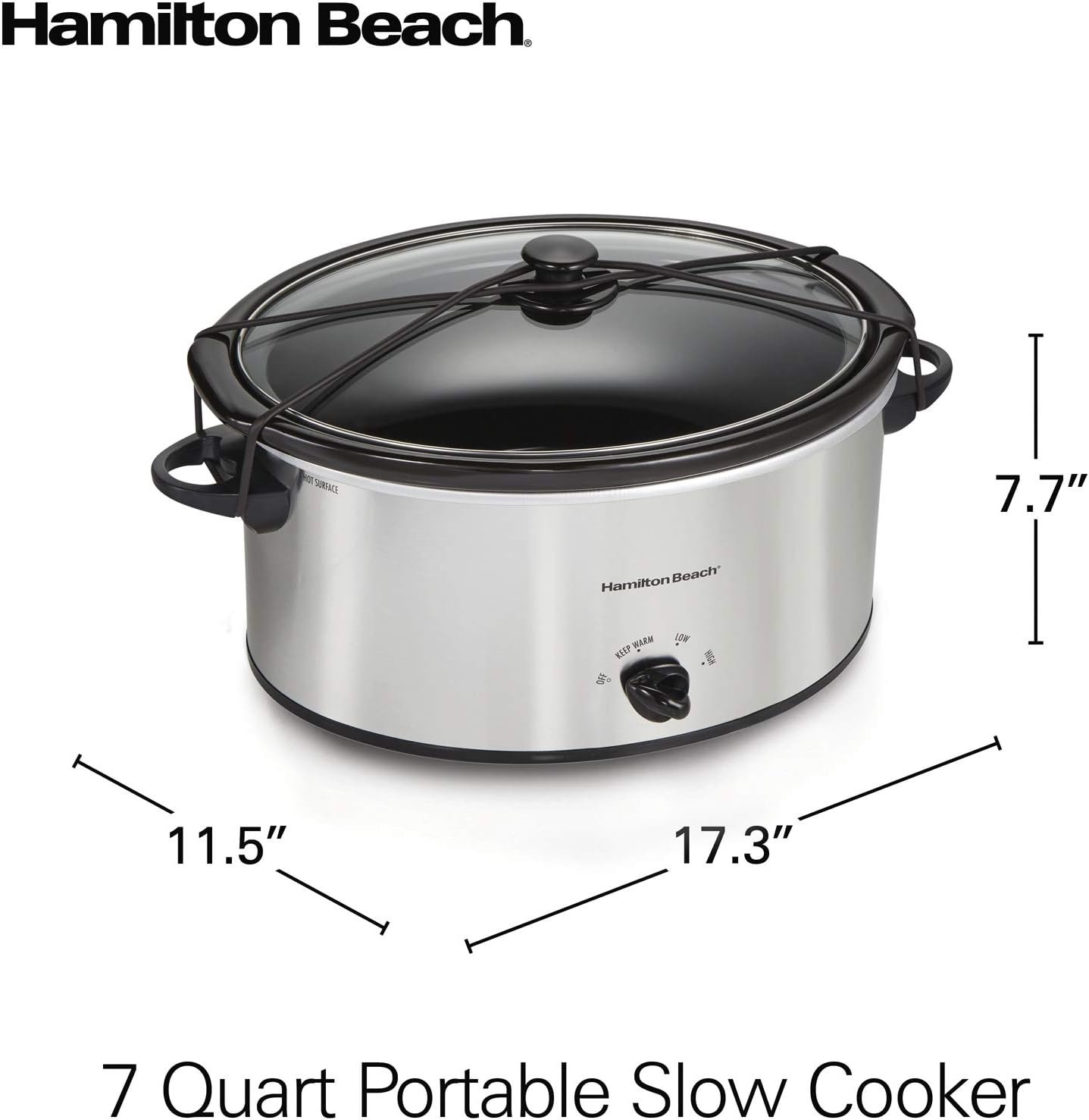 Hamilton Beach 7-Quart Portable Slow Cooker Serves 8+, Dishwasher Safe Crock, Lid Latch Strap for Travel, Brushed Silver