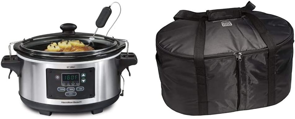 Hamilton Beach Portable 6-Quart Set  Forget Digital Programmable Slow Cooker With Temperature Probe  Travel Case  Carrier Insulated Bag for 4, 5, 6, 7  8 Quart Slow Cookers