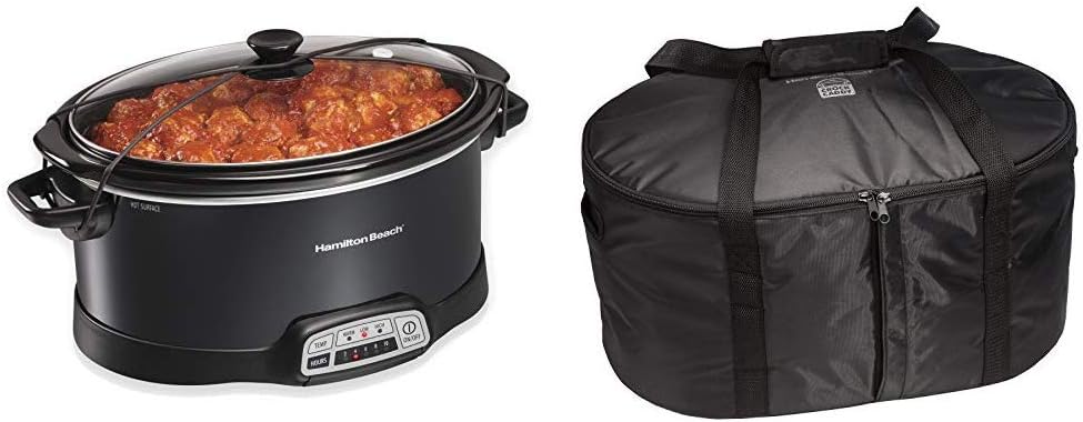 Hamilton Beach Portable 7-Quart Programmable Slow Cooker With Lid Latch Strap, Black (33474)  Hamilton Beach Travel Case  Carrier Insulated Bag for 4, 5, 6, 7  8 Quart Slow Cookers (33002),Black