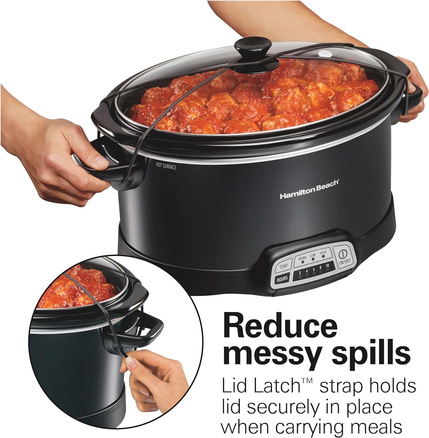 Hamilton Beach Portable 7 Quart Programmable Slow Cooker with Three Temperature Settings, Lid Latch Strap for Easy Travel, Dishwasher Safe Crock, Black (33474)
