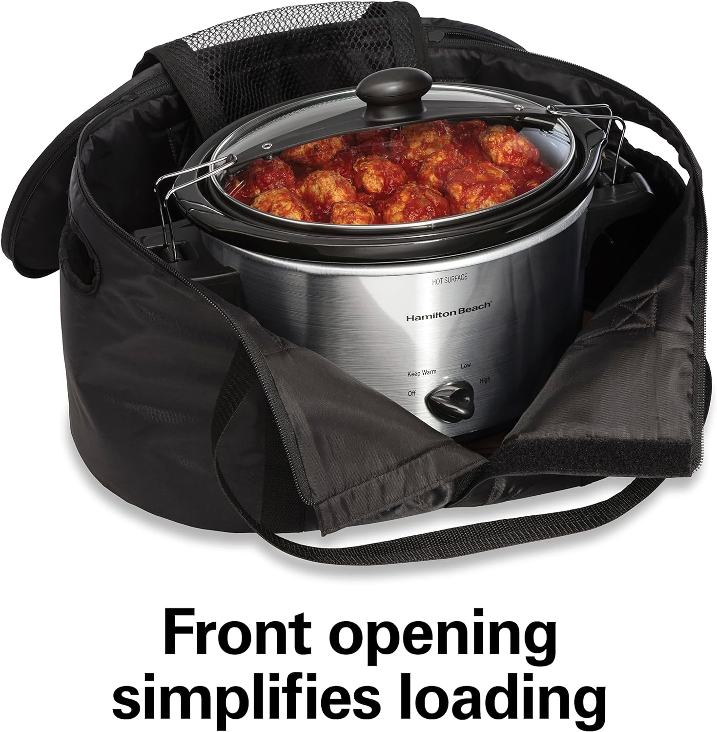Hamilton Beach Portable Slow Cooker Travel Bag, Insulated Carrier Case for 4, 5, 6, 7  8 Quart Crock, Internal Mesh Net Holds Pot in Place, Compatible with Other Brands, Black (33002)