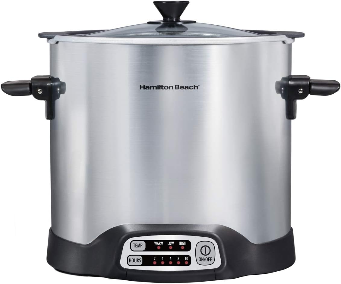 Hamilton Beach Sear  Cook Stock Pot Slow Cooker with Stovetop Safe Crock, Large 10 Quart Capacity, Programmable, Silver (33196)