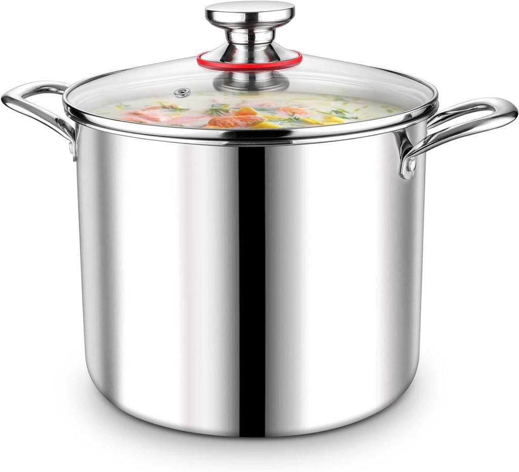 PP CHEF 10 Quart Stainless Steel Stock Cooking Pot with Lid, 3-Ply Large Stockpot Cookware for Induction Gas Electric Stoves, Visible Cover  Measurement Marks, Non-toxic  Dishwasher Safe