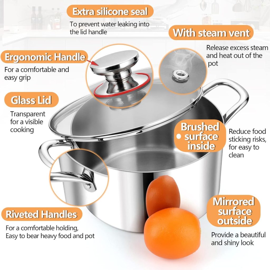 PP CHEF 10 Quart Stainless Steel Stock Cooking Pot with Lid, 3-Ply Large Stockpot Cookware for Induction Gas Electric Stoves, Visible Cover  Measurement Marks, Non-toxic  Dishwasher Safe