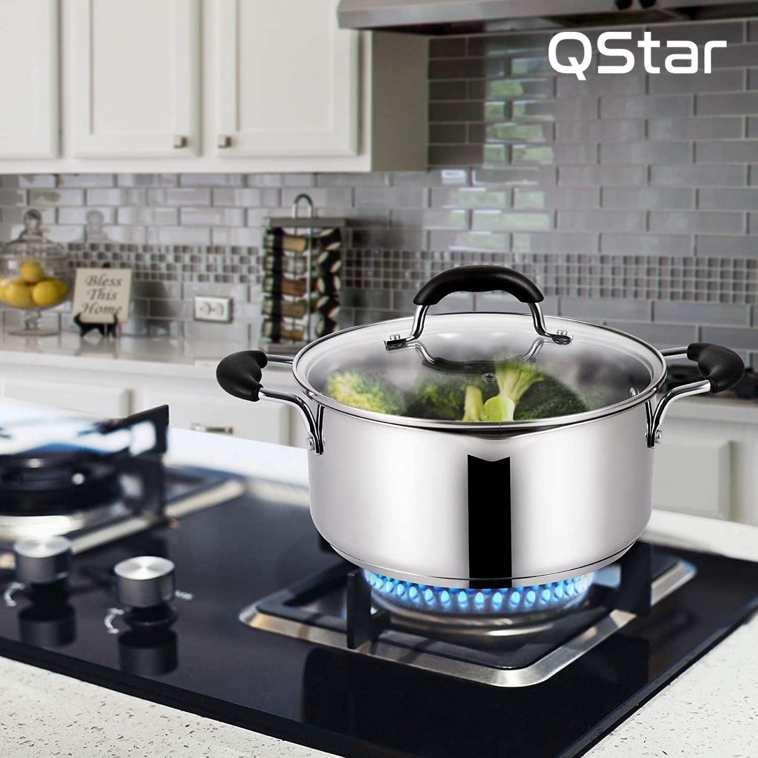 QStar 3.2 qt Stainless Steel Aluminum Nonstick Stock Pot with Glass Lid and Stay Cool Handle (3.2 qt)