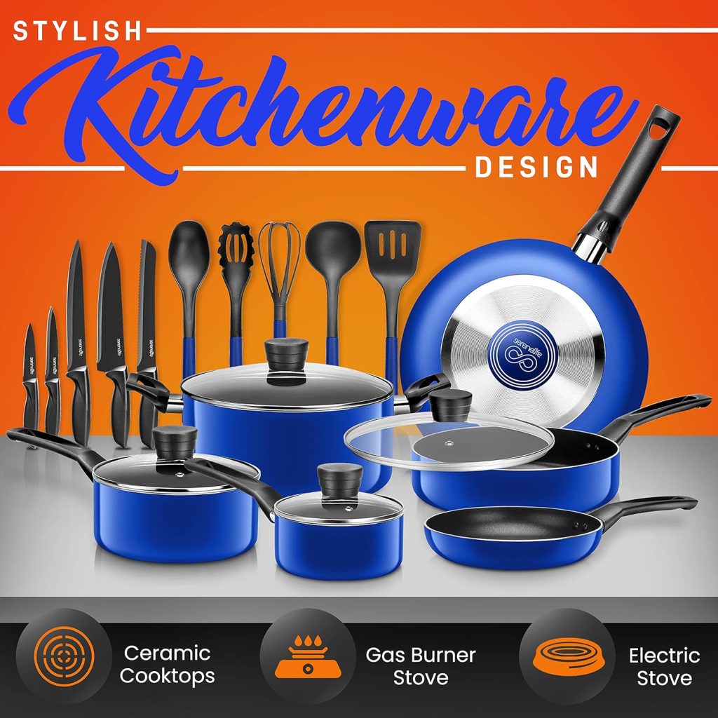 SereneLife Kitchenware Pots  Pans Basic Kitchen Cookware, Black Non-Stick Coating Inside, Heat Resistant Lacquer (20-Piece Set), One Size, Blue