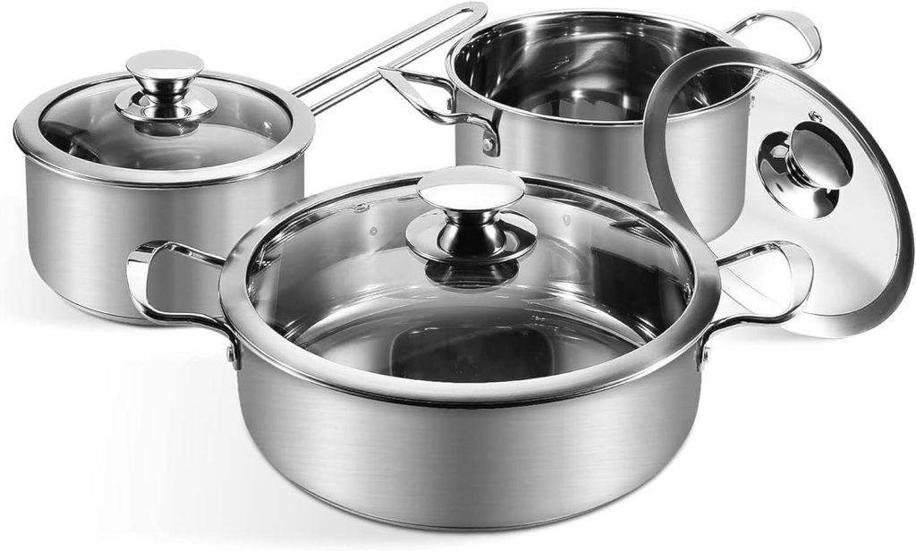 Stainless Steel Cookware Set, 6-Piece pots and pans set, Works with Induction, Electric and Gas Cooktops, Oven Safe, Stay-Cool Handle