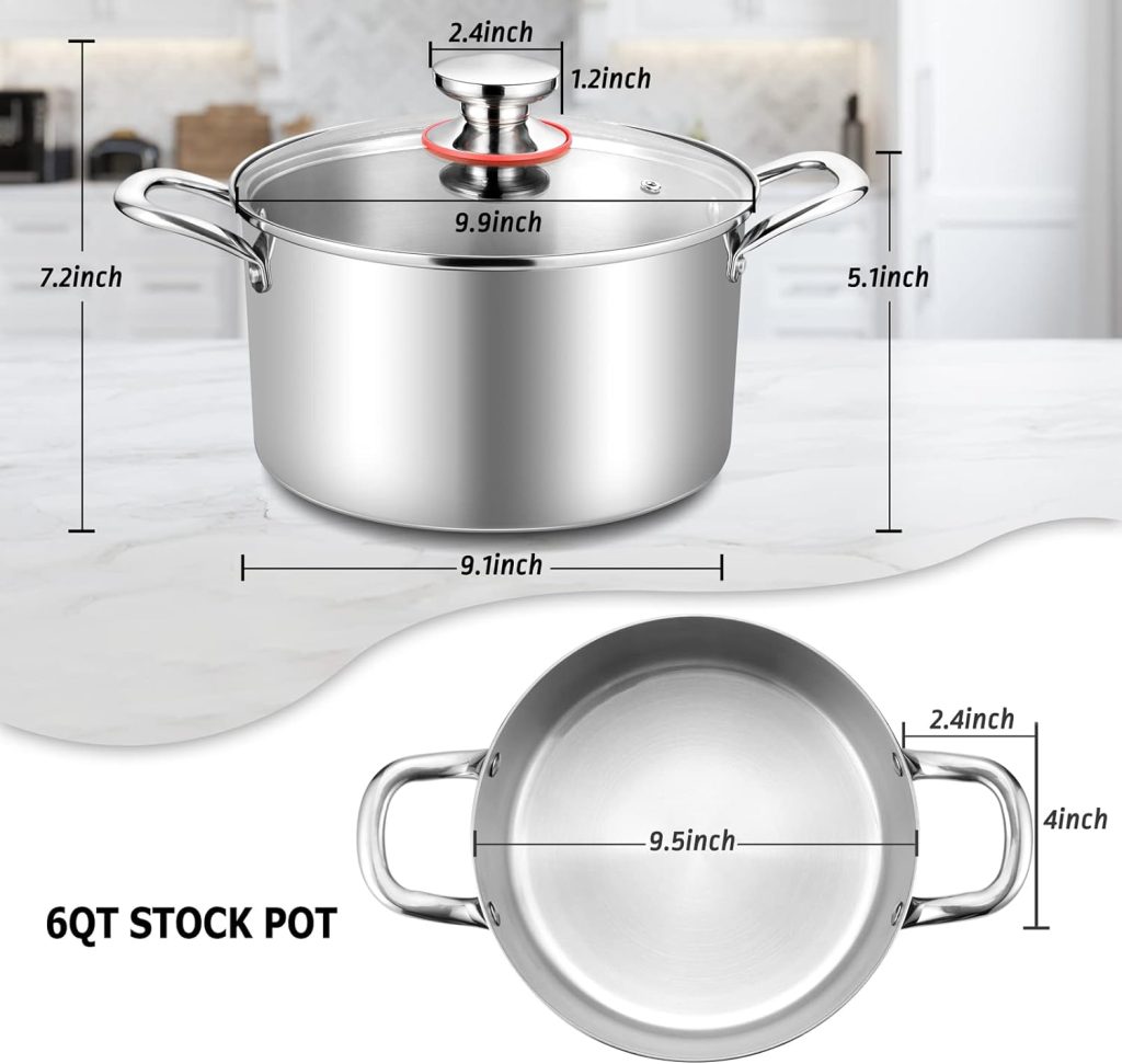 TeamFar 6 Quart Stock Pot, Stainless Steel Tri-Ply Cooking Pasta Pot with Tempered Glass Lid for Induction/Electric/Gas/Ceramic, Healthy  Durable, Double Riveted Handles  Dishwasher Safe