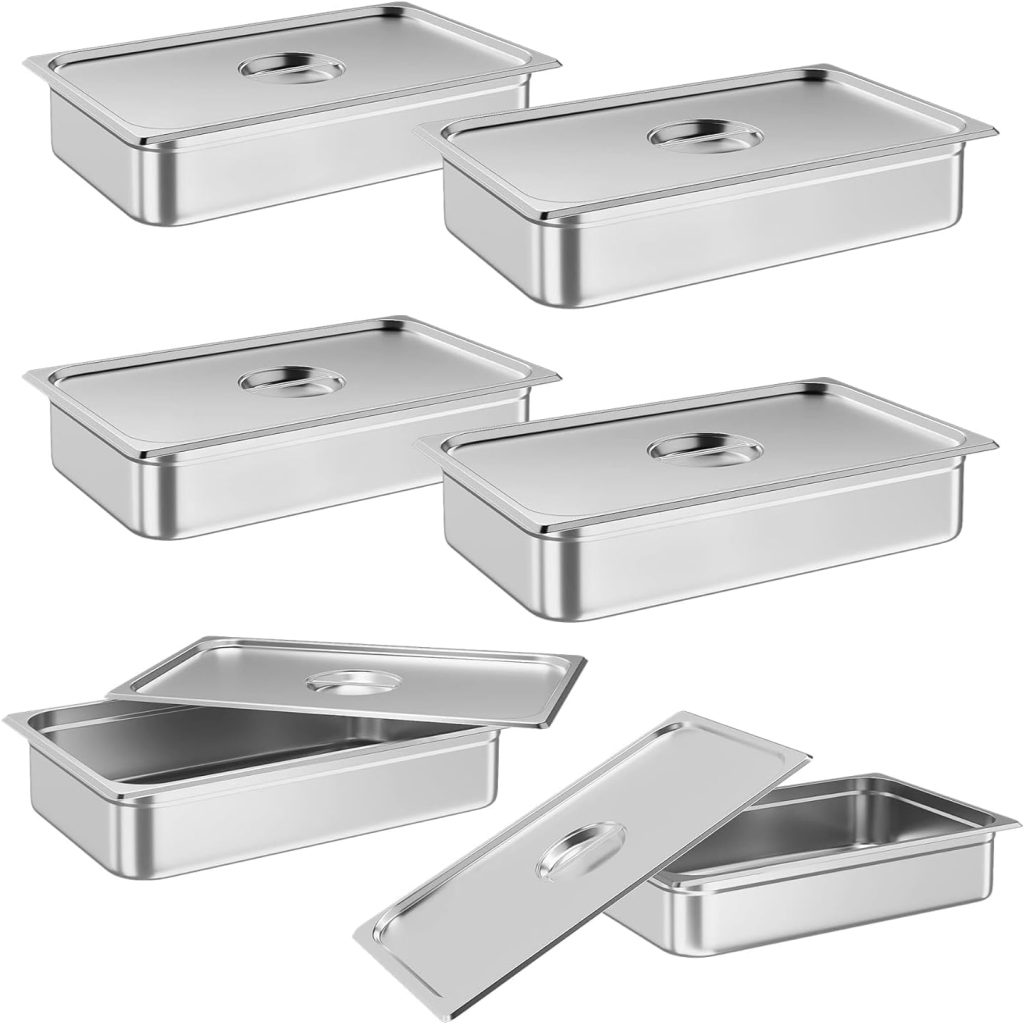 Towallmark 6 Pack Full Size Hotel Pan, NSF Certified with Handle  Lid Stainless Steel 4 Inch Deep Anti-Jamming Steam Table Pan for Party, Restaurant, Hotel