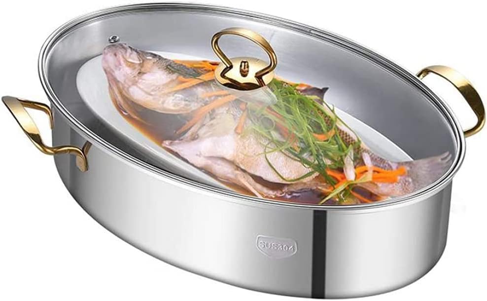 YZJSSL Steamed Fish Pot, Oval, Multi-Purpose Baking Tray, with Steamed Fish Plate, Lid, Steamed Fish Shelf, Golden Handle