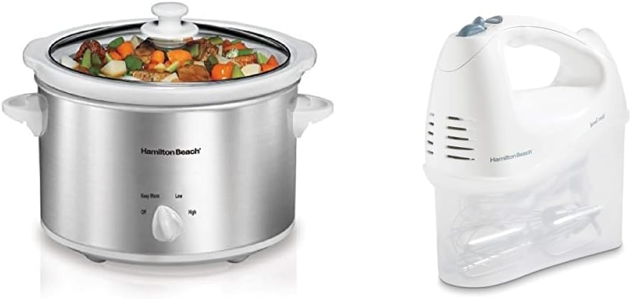 Hamilton Beach 4-Quart Slow Cooker with Dishwasher-Safe Stoneware Crock  Lid, Stainless Steel (33140V)  6-Speed Electric Hand Mixer with Whisk, Traditional Beaters, Snap-On Storage Case, White