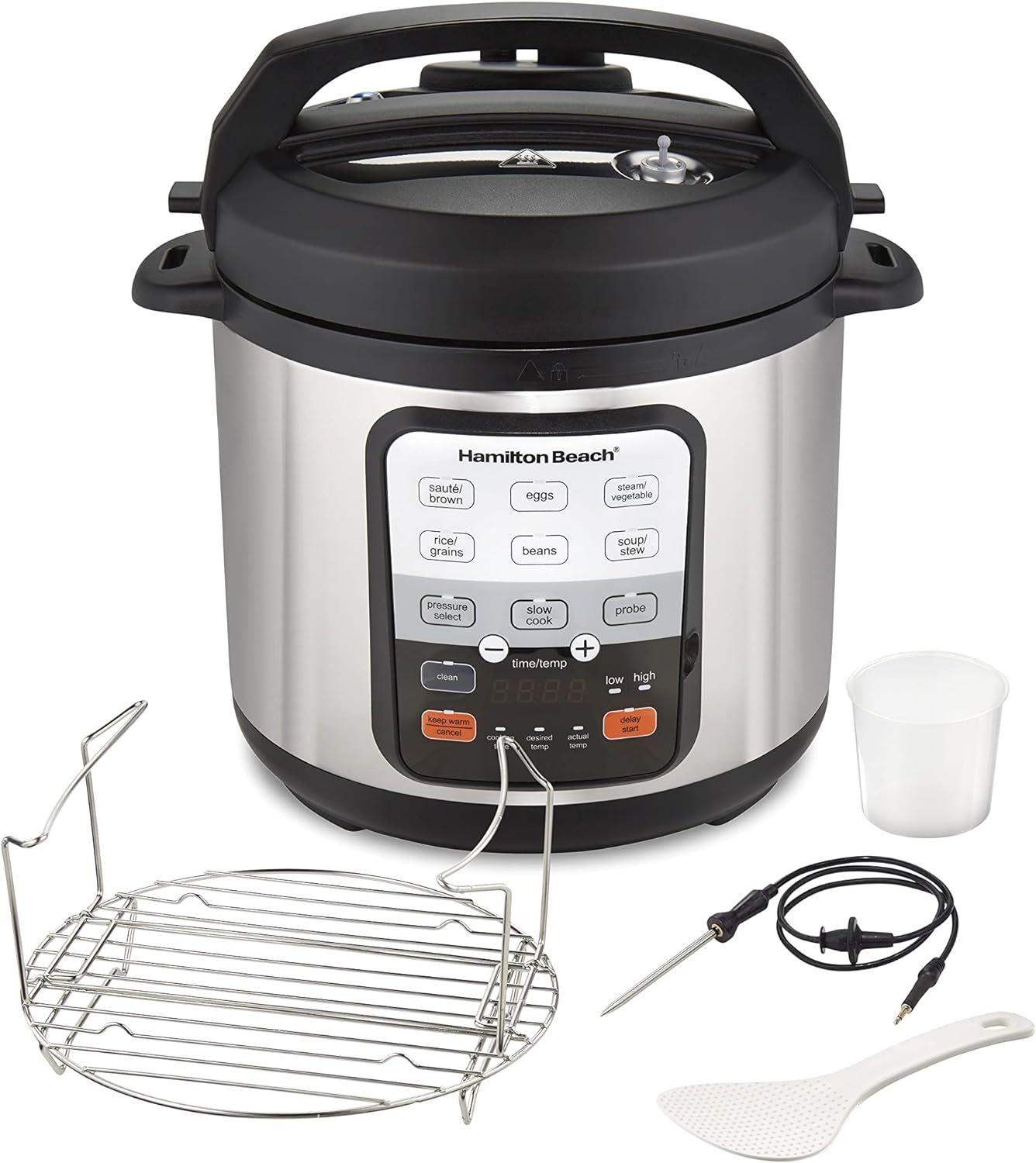 Hamilton Beach 6-in-1 Precision Electric Pressure Cooker with Temperature Probe, Slow Cooks, Sautés, Browns, Steams, Rice Function, 6 Quart Capacity, Stainless Steel (34506)