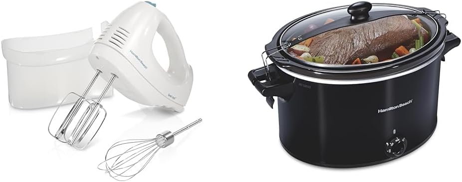 Hamilton Beach 6-Speed Electric Hand Mixer with Whisk, Traditional Beaters, Snap-On Storage Case, White  Slow Cooker, Extra Large 10 Quart, Stay or Go Portable With Lid Lock