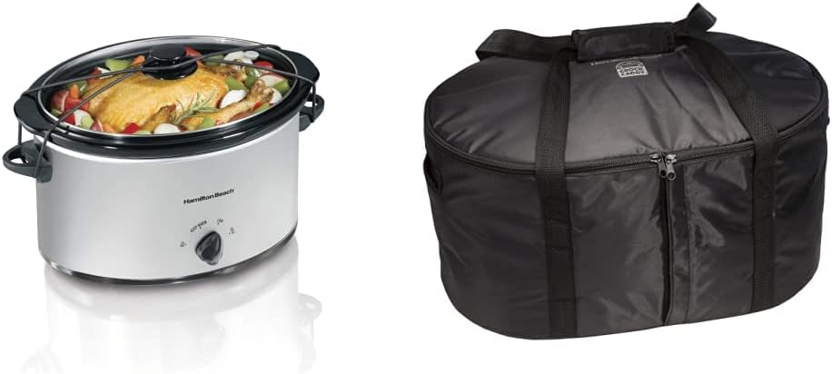 Hamilton Beach 7 Qt. Portable Slow Cooker Serves 8+, Dishwasher Safe Crock, 7 Quart  Travel Case  Carrier Insulated Bag for 4, 5, 6, 7  8 Quart Slow Cookers (33002),Black