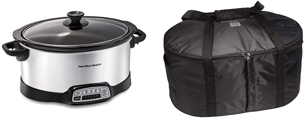 Hamilton Beach 7-Quart Programmable Slow Cooker With Flexible Easy Programming, Dishwasher-Safe Crock  Lid, Silver (33473)  Travel Case  Carrier Insulated Bag (33002),Black
