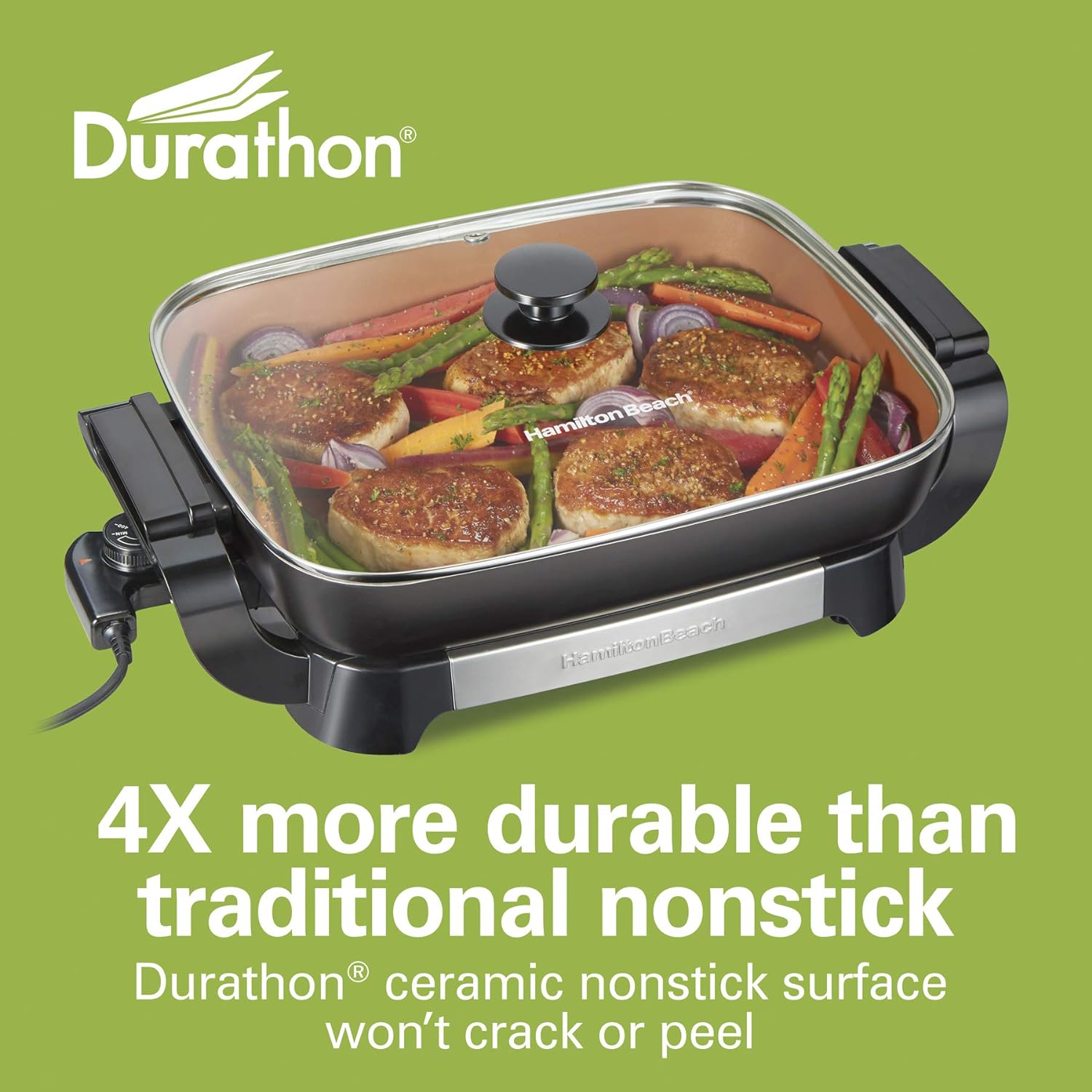 Hamilton Beach Durathon Ceramic Electric Skillet with Removable 12x15” Pan, Adjustable Temperature  Slow Cooker, Extra Large 10 Quart, Stay or Go Portable, Dishwasher Safe Crock, Black