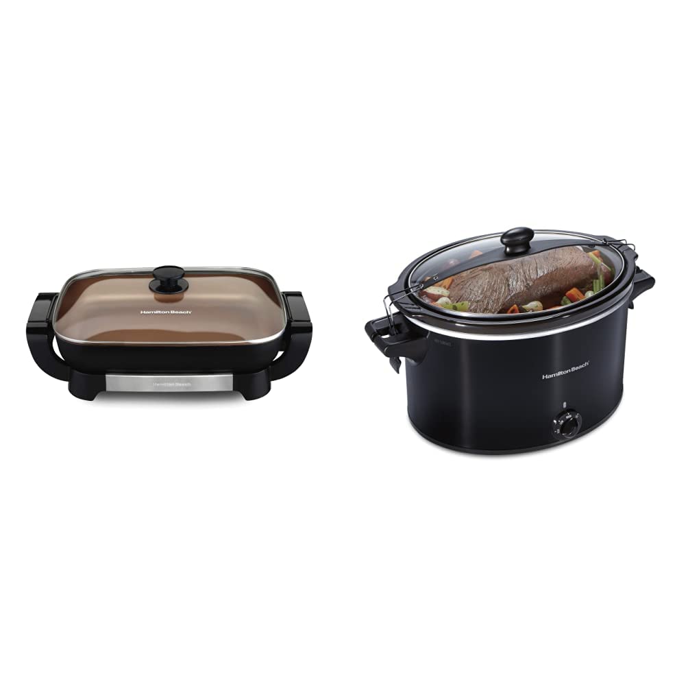Hamilton Beach Durathon Ceramic Electric Skillet with Removable 12x15” Pan, Adjustable Temperature  Slow Cooker, Extra Large 10 Quart, Stay or Go Portable, Dishwasher Safe Crock, Black