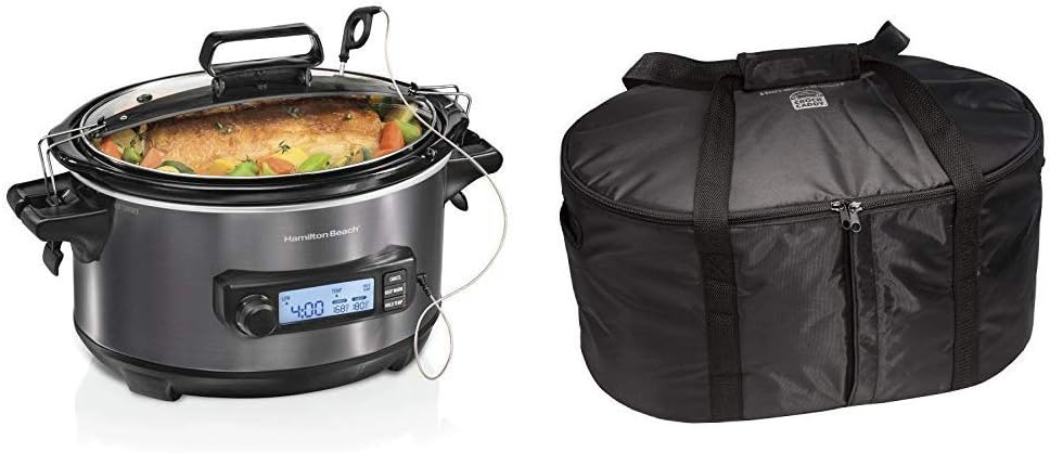 Hamilton Beach Portable 6-Quart Digital Programmable Slow Cooker With Temp Tracking Temperature Probe to Braise, (33866) and Hamilton Beach Travel Case  Carrier Insulated Bag (33002),Black