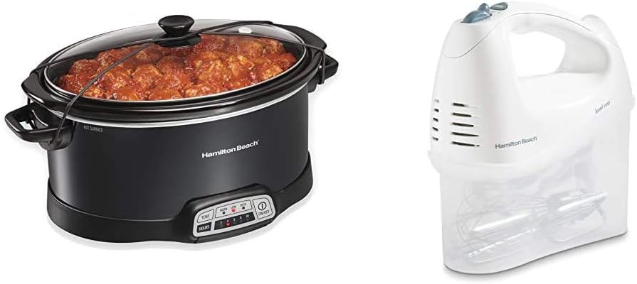 Hamilton Beach Portable 7 Quart Programmable Slow Cooker with Lid Latch Strap (33474) and Hamilton Beach 6-Speed Electric Hand Mixer with Storage Case (White)