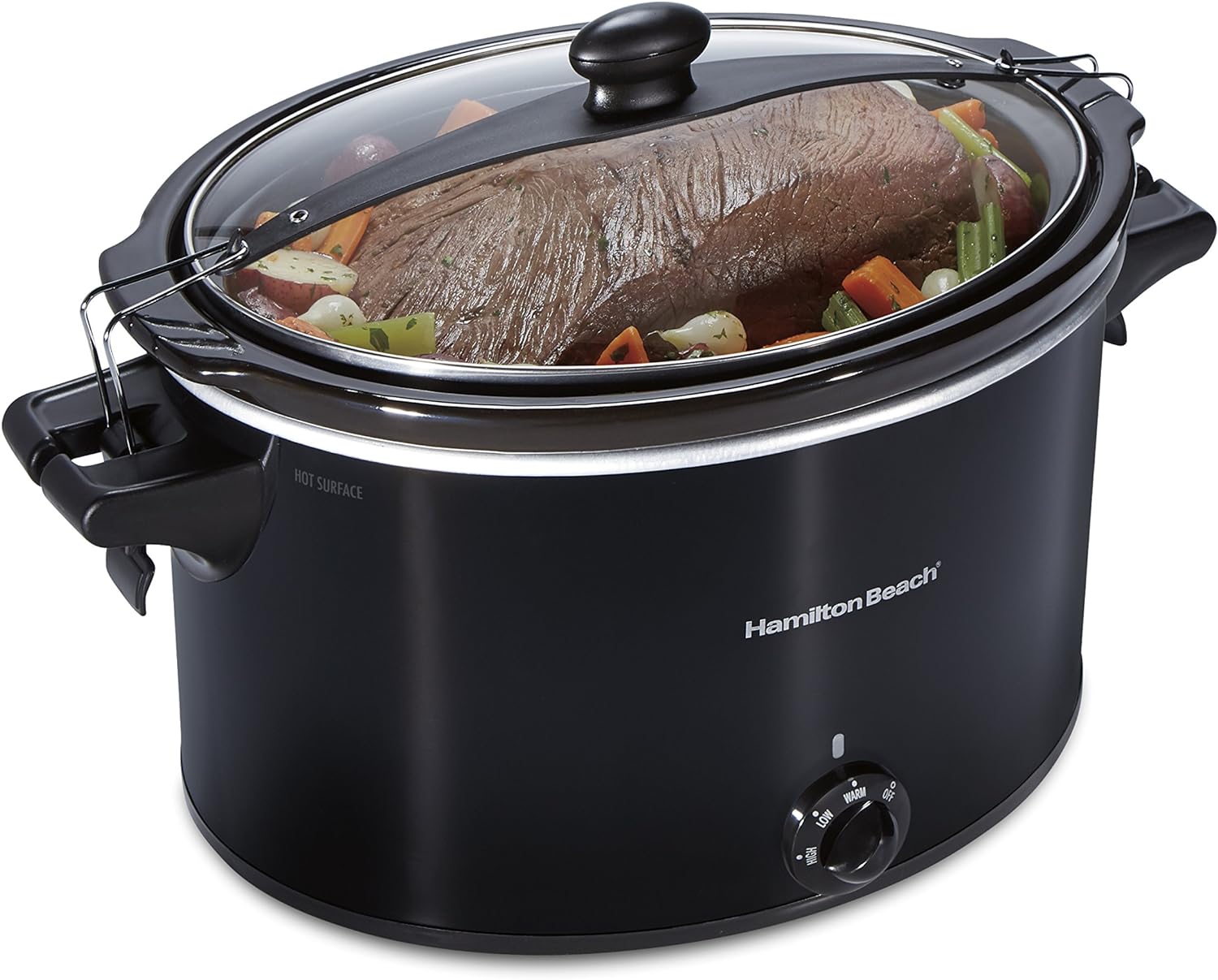 Hamilton Beach Slow Cooker, Extra Large 10 Quart, Stay or Go Portable, Black (33195)  4-Quart Slow Cooker with Dishwasher-Safe Stoneware Crock  Lid, Stainless Steel (33140V)