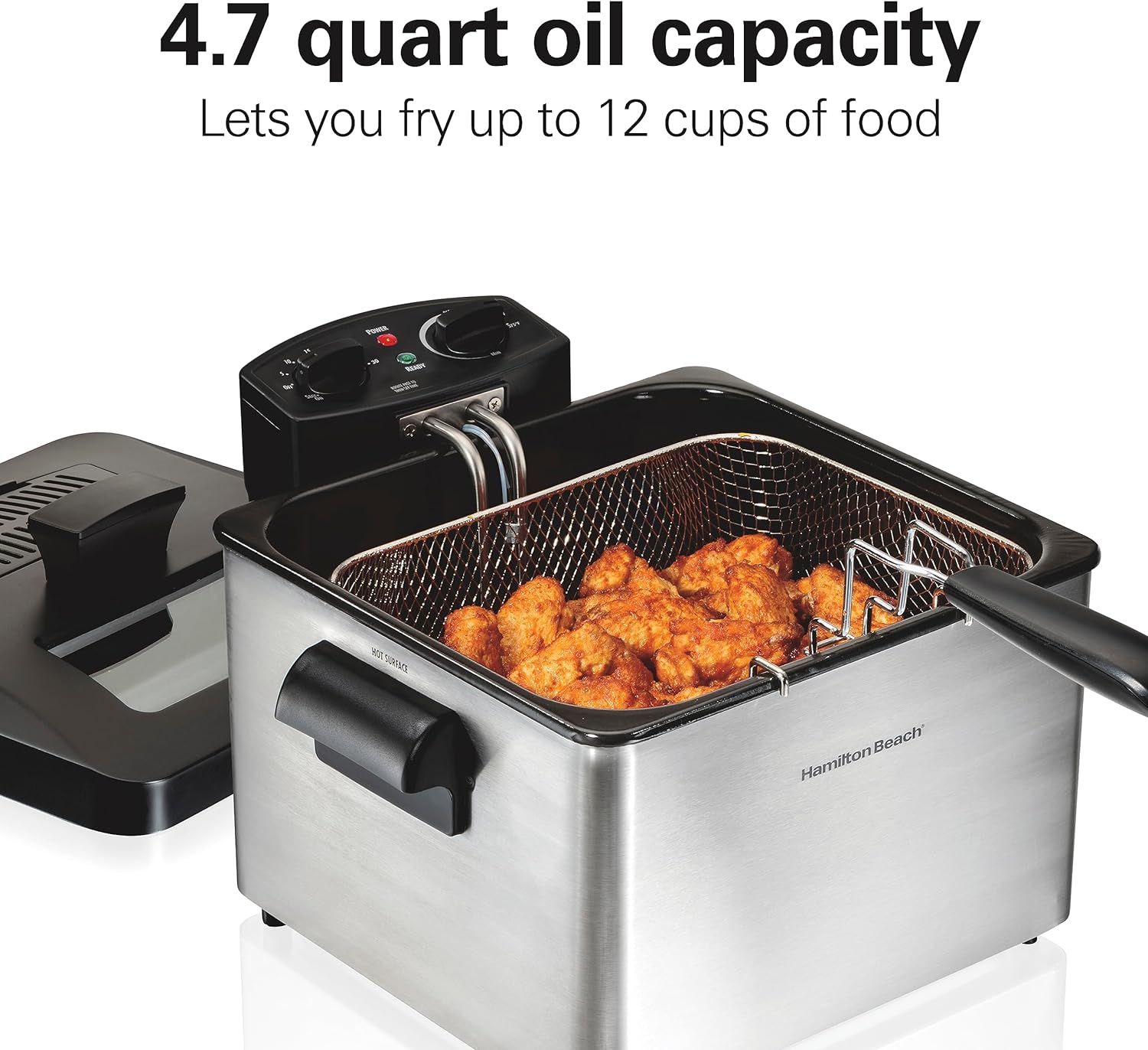 Hamilton Beach Slow Cooker  Triple Basket Electric Deep Fryer, 4.7 Quarts / 19 Cups Oil Capacity, Lid with View Window, Professional Style, 1800 Watts, Stainless Steel (35034)