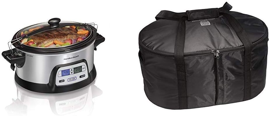 Hamilton Beach Stay or Go Portable 6-Quart Programmable Slow Cooker, Lid Lock (33861) and Hamilton Beach Travel Case  Carrier Insulated Bag (33002),Black
