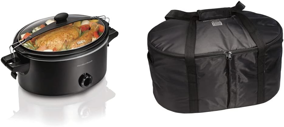 Hamilton Beach Stay or Go Portable Slow Cooker with Lid Lock, Dishwasher-Safe Crock, 6-Quart, Black  Travel Case  Carrier Insulated Bag for 4, 5, 6, 7  8 Quart Slow Cookers (33002),Black