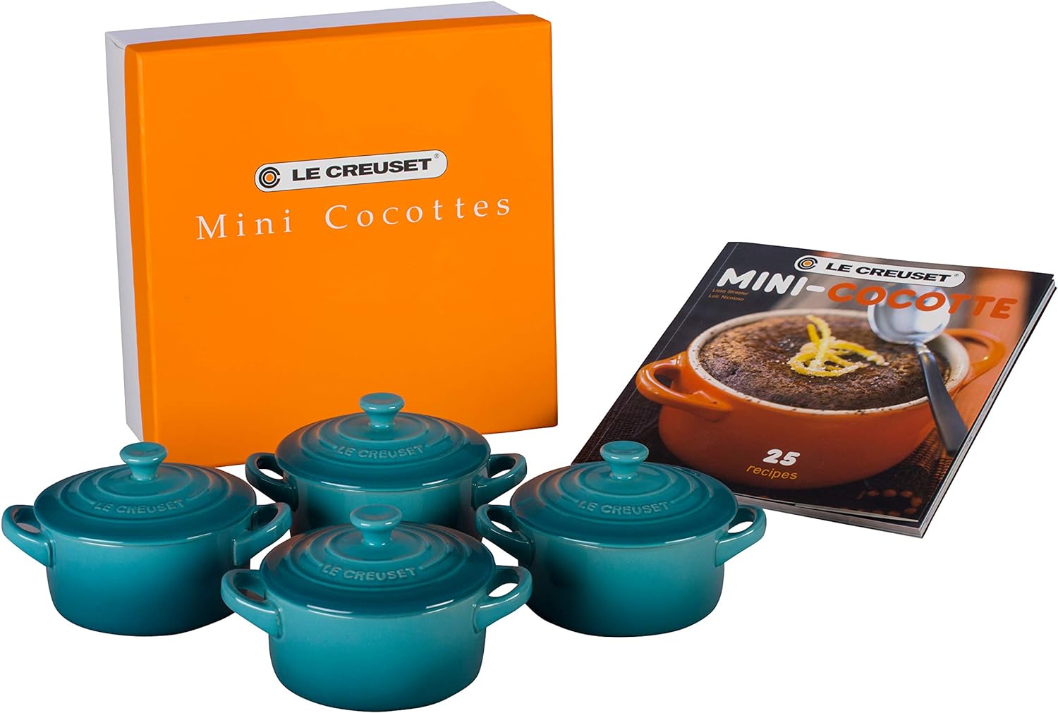 Le Creuset Stoneware Set of 4 Mini Cocottes with Cookbook, 8 oz. each, Marseille