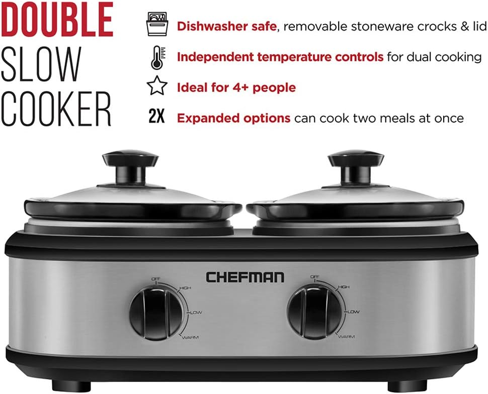 Chefman RJ15-125-D Double Slow Cooker  Buffet Server with 2 Removable 1.25 Qt. Oval Crocks, Pot Inserts Individually Heat Controlled, 2.5 Quarts, Stainless Steel